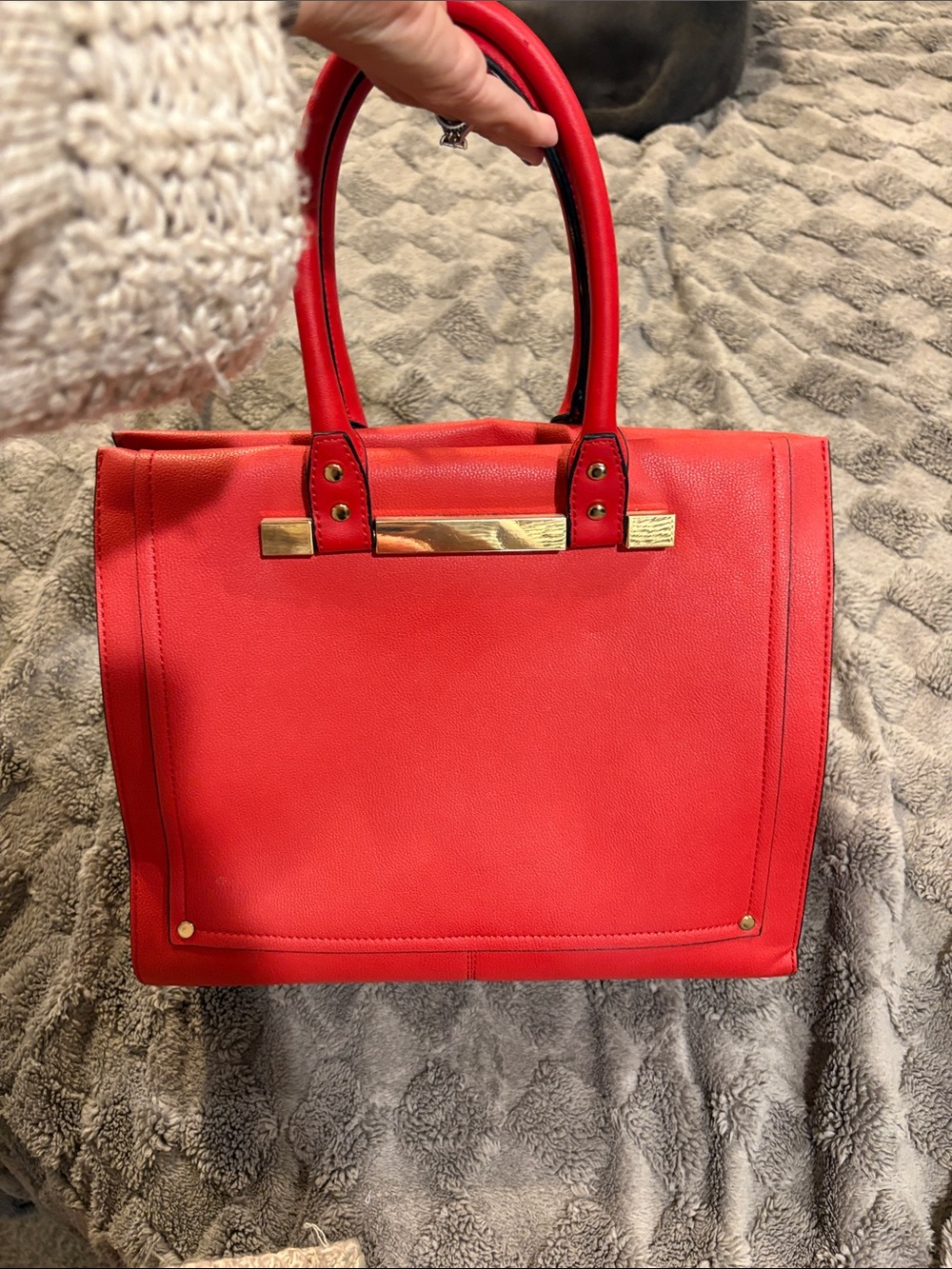 Red Structured Tote Handbag with Gold Hardware